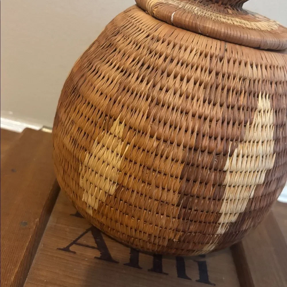 Handcrafted Woven Basket with Lid - Brown and Tan